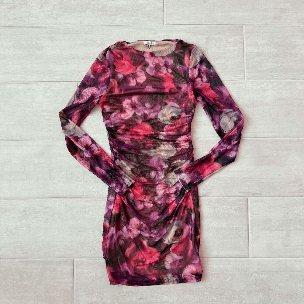Blashe Mini Dress Long Sleeve Wide Neck Floral Side Ruched Sheath Black Pink S